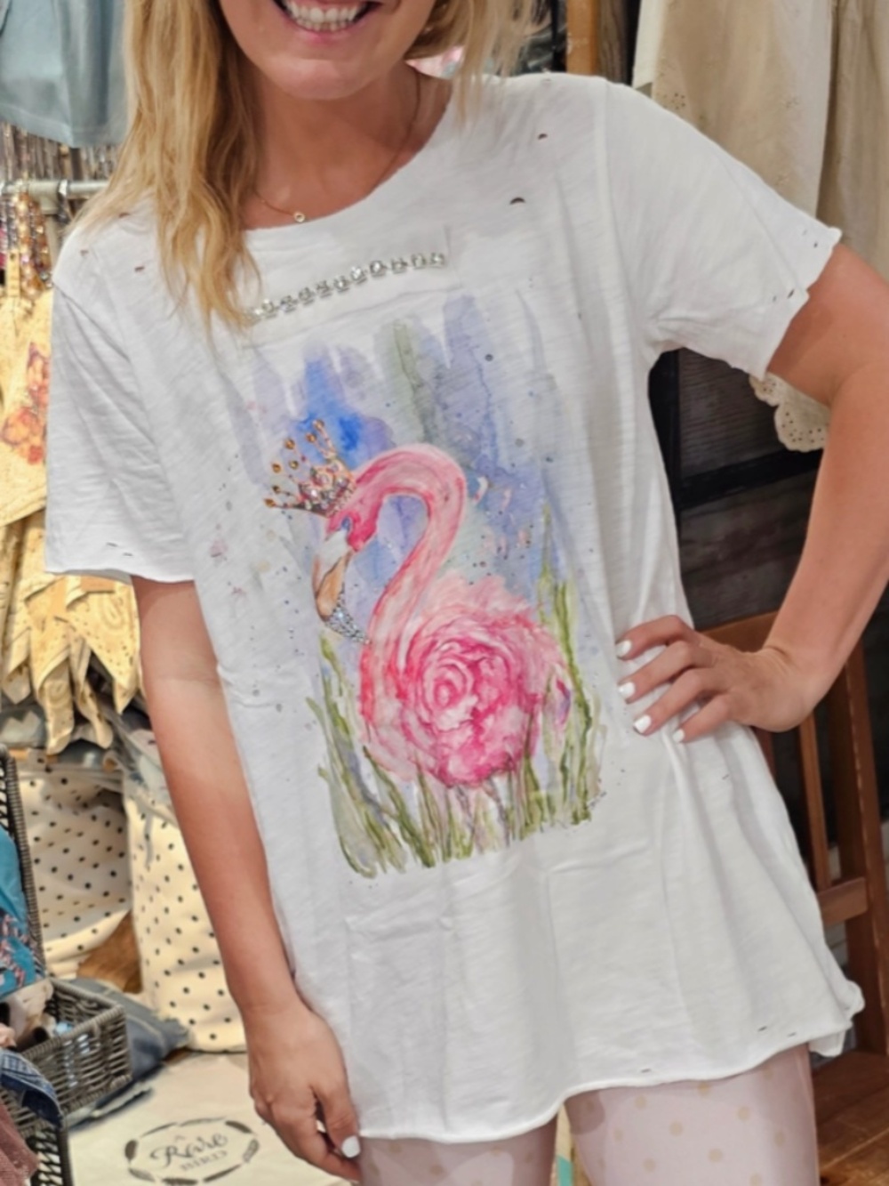 A Rare Bird Rhinestone Flamingo Crown Graphic Short Sleeve Top
